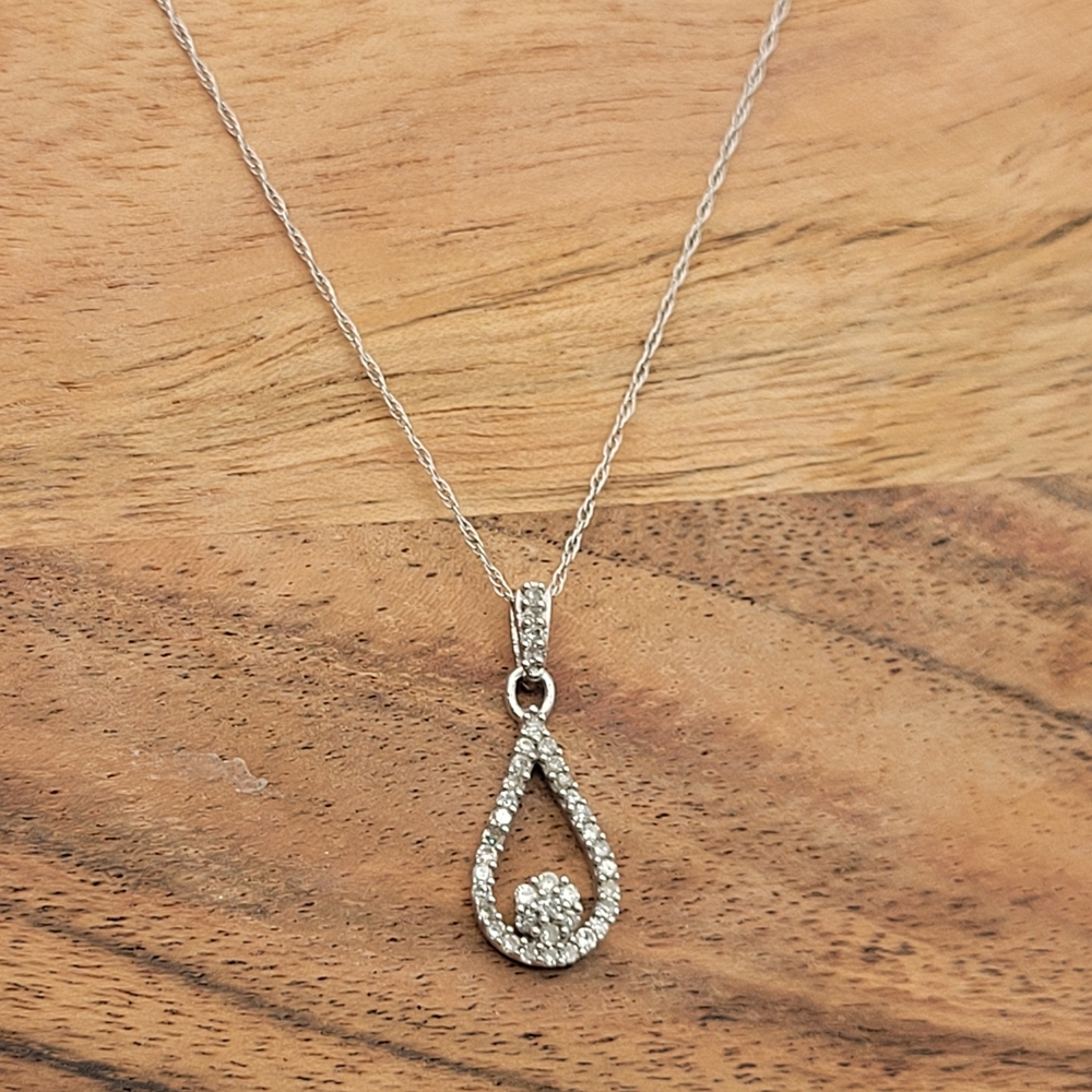 10K White Gold Genuine Diamonds Teardrop Necklace and Flower Cluster Pendant